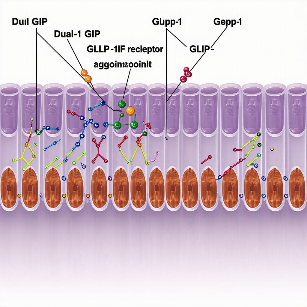 Diagram showing how tirzepatide interacts with GIP and GLP-1 receptors to promote weight loss