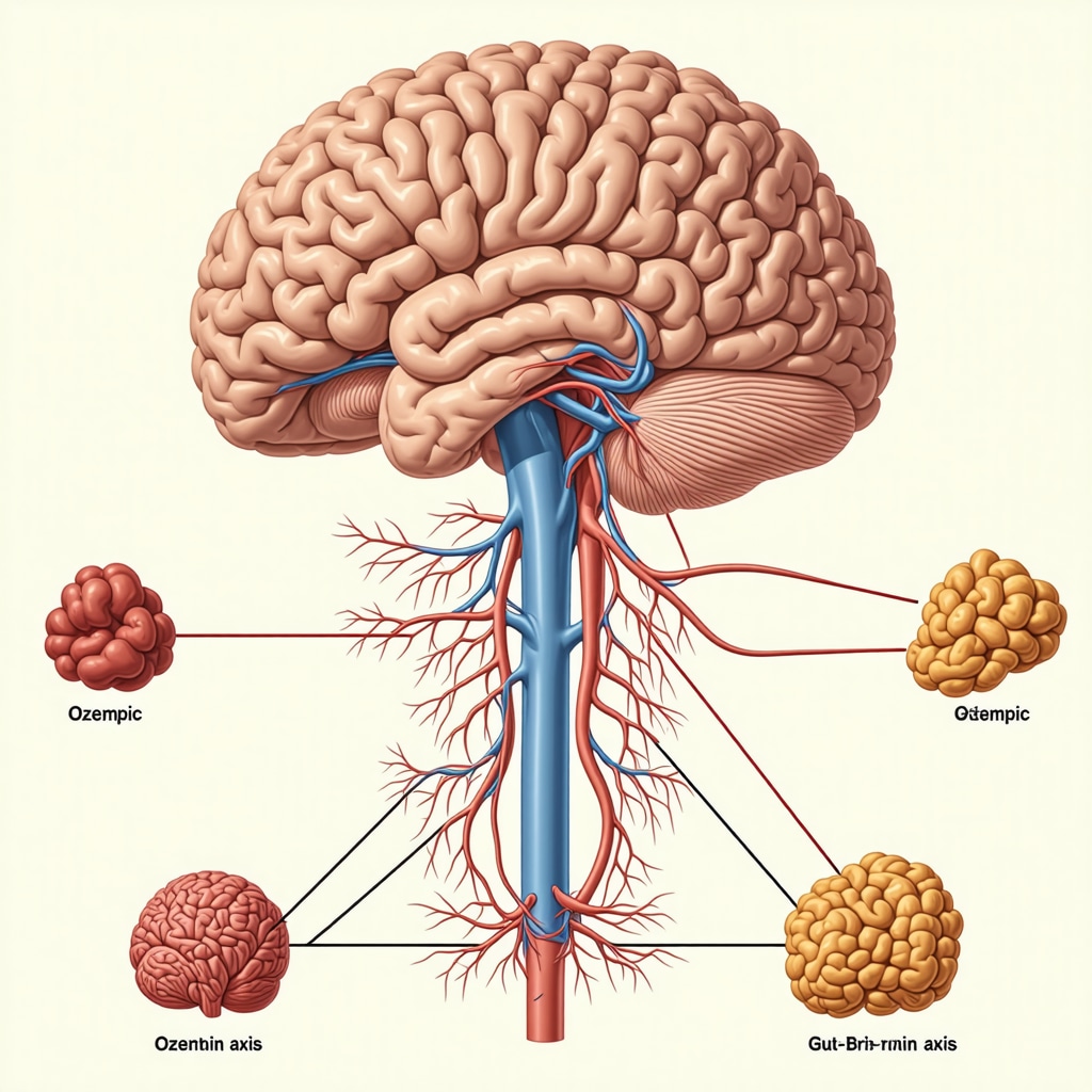 Diagram illustrating hypothalamic neurons, gut-brain axis, and microbiome influence on appetite