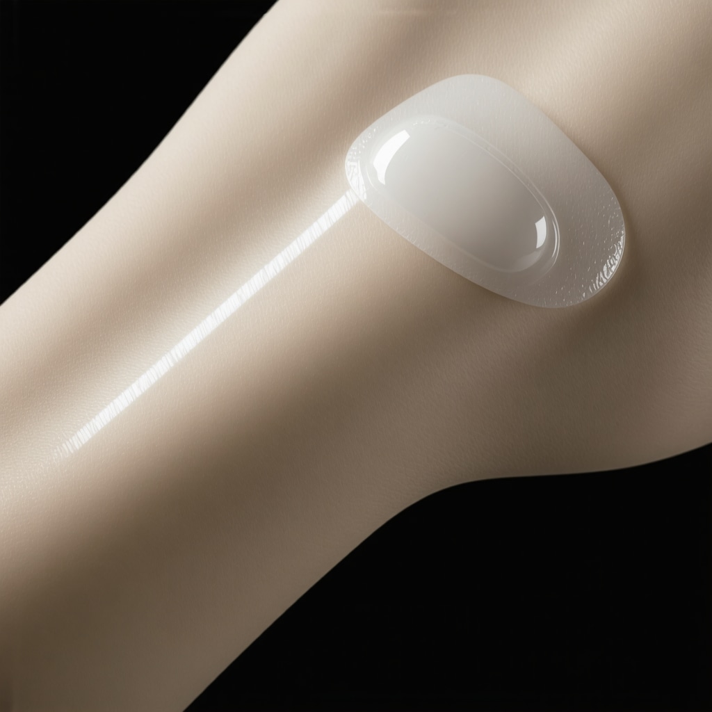 Futuristic transdermal patch for GLP-1 hormone delivery, symbolizing innovative weight loss treatments.
