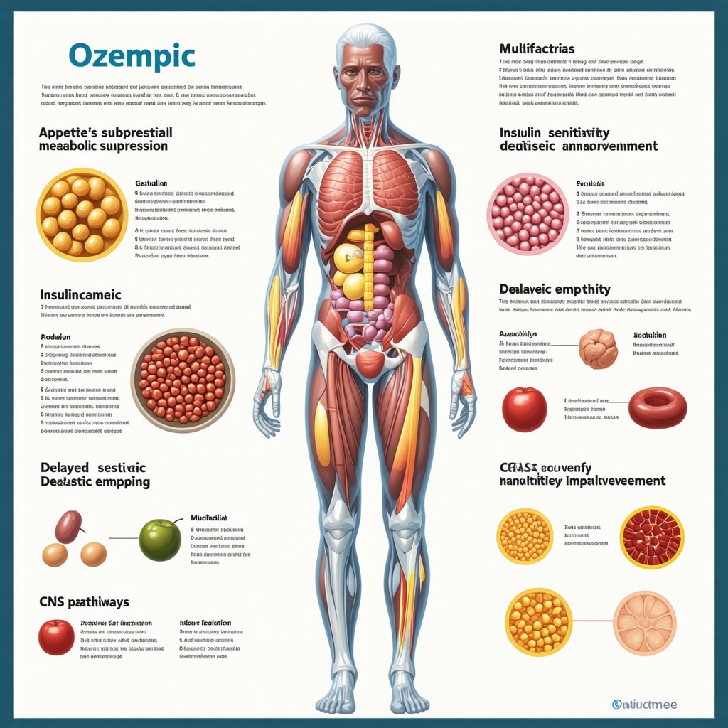 Infographic showing Ozempic's roles in appetite suppression, insulin sensitivity, gastric emptying delay, and CNS energy regulation