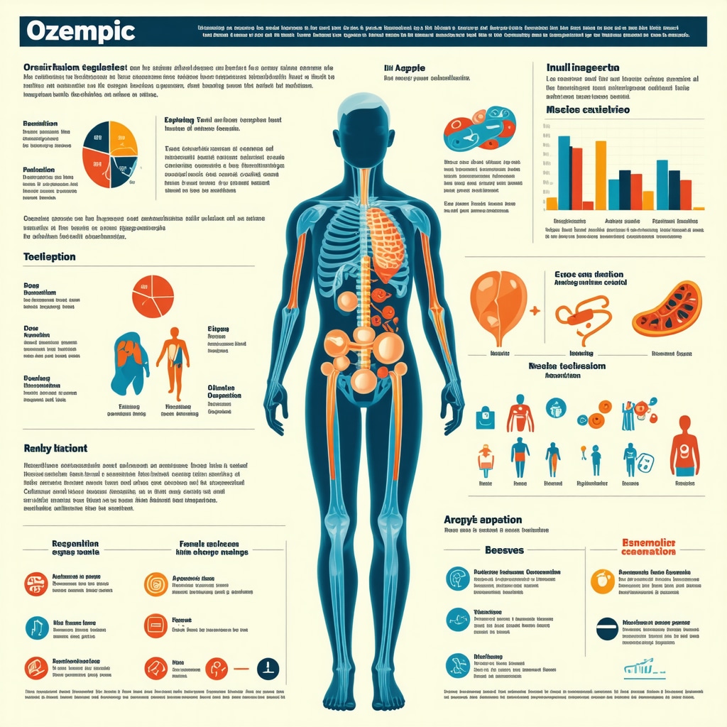 Medical infographic showing Ozempic's effects on insulin sensitivity, appetite centers, and energy expenditure for long-term weight management.