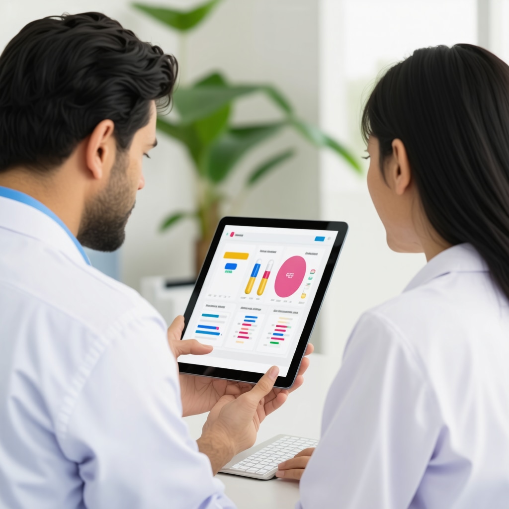 Healthcare professional discussing medication plans with a patient using digital tools.