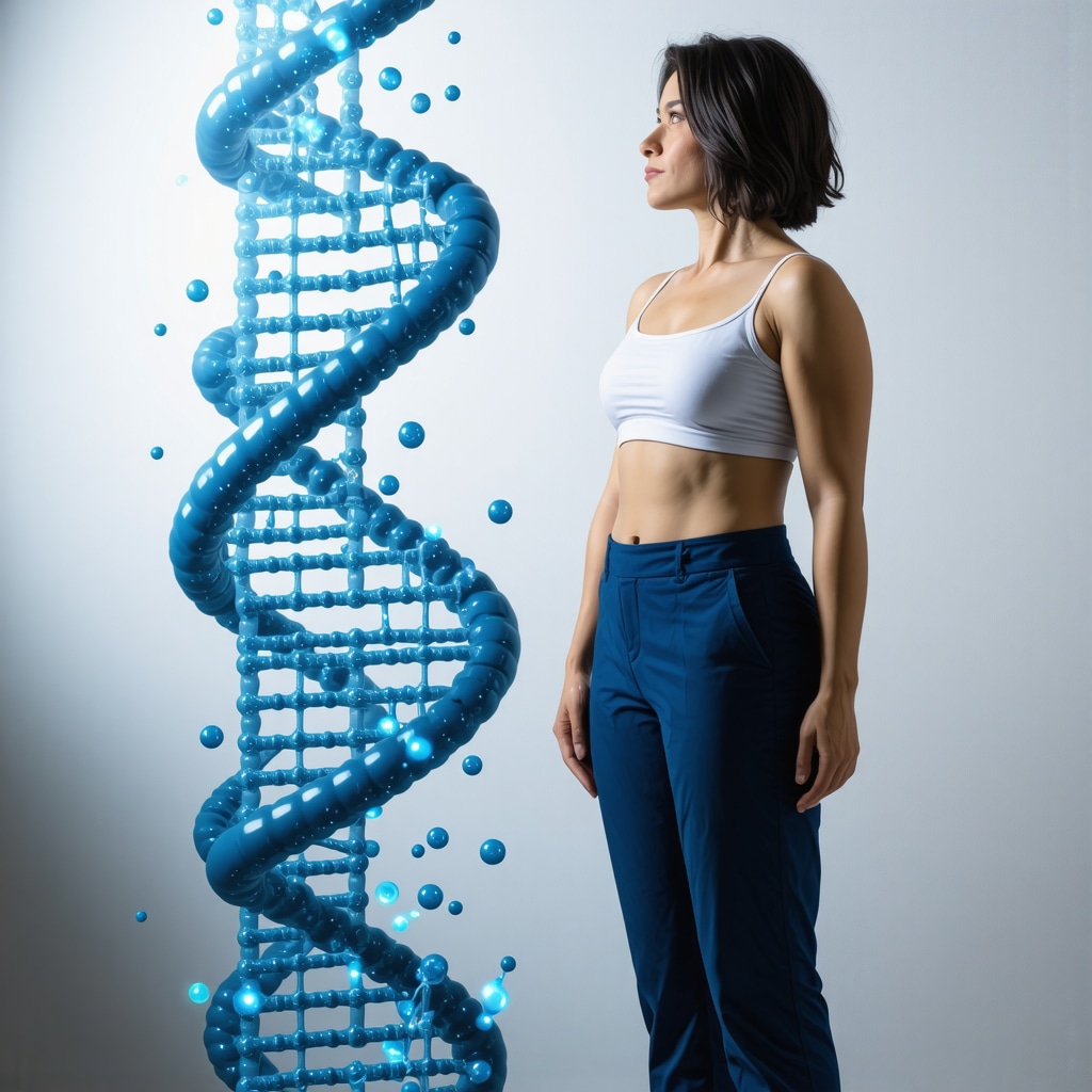 Illustration of DNA strands and medical data analytics for personalized weight management
