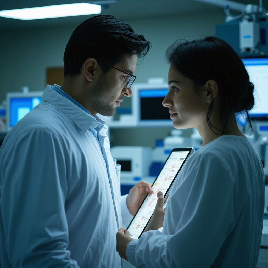 Physician reviewing genetic data on tablet with patient wearing wearable biosensor for Ozempic therapy monitoring