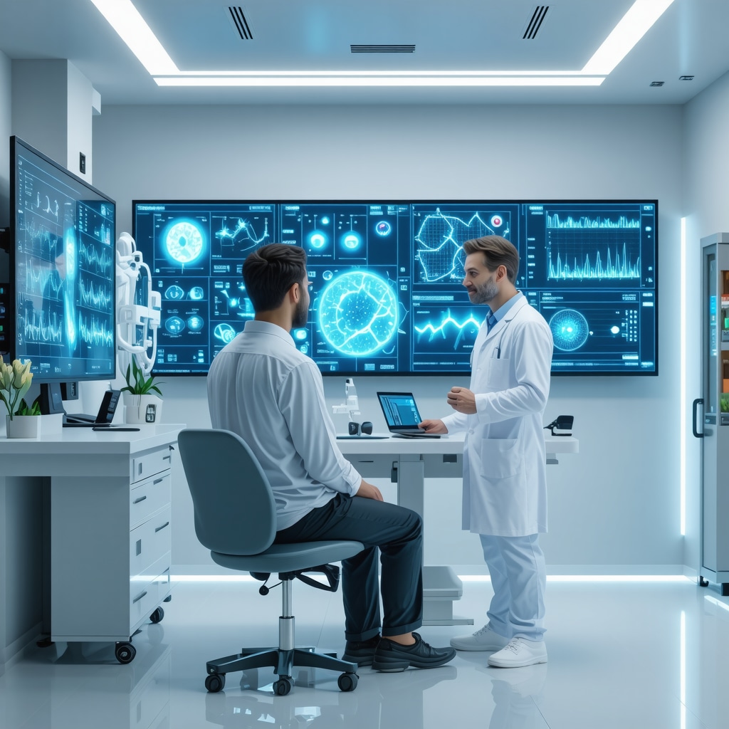 Patient and doctor reviewing personalized Ozempic dosage data on digital screens with metabolic and genetic information