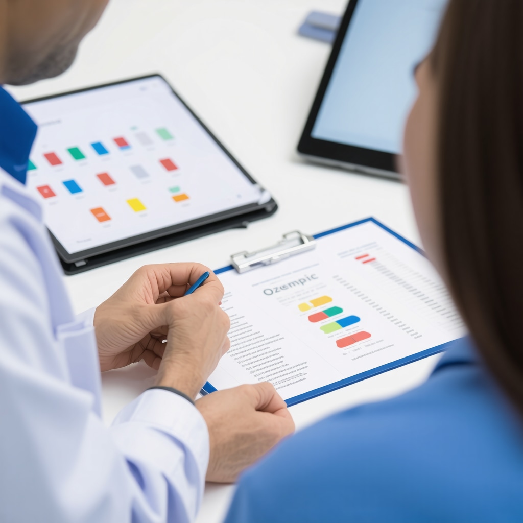 Doctor explaining customized Ozempic dosage to patient with medical charts and digital tools.
