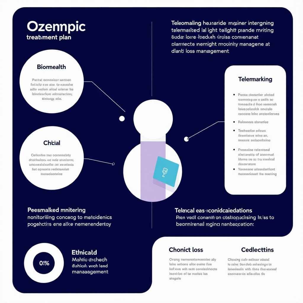 Infographic showing integration of biomarker technology, telehealth, and ethical prescribing in personalized Ozempic therapy