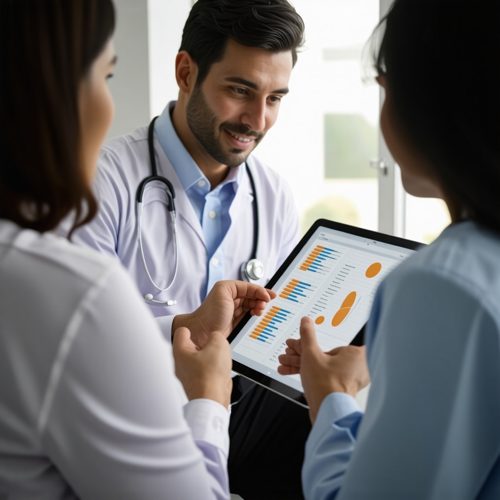 Doctor and patient discussing personalized Ozempic treatment plan using metabolic data and genetic markers on tablet