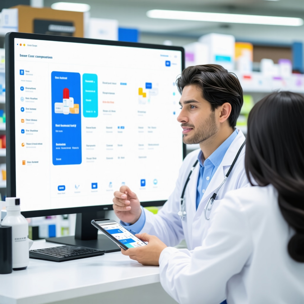 Healthcare provider discussing medication options with patient using digital tools for discounts and cost comparison.