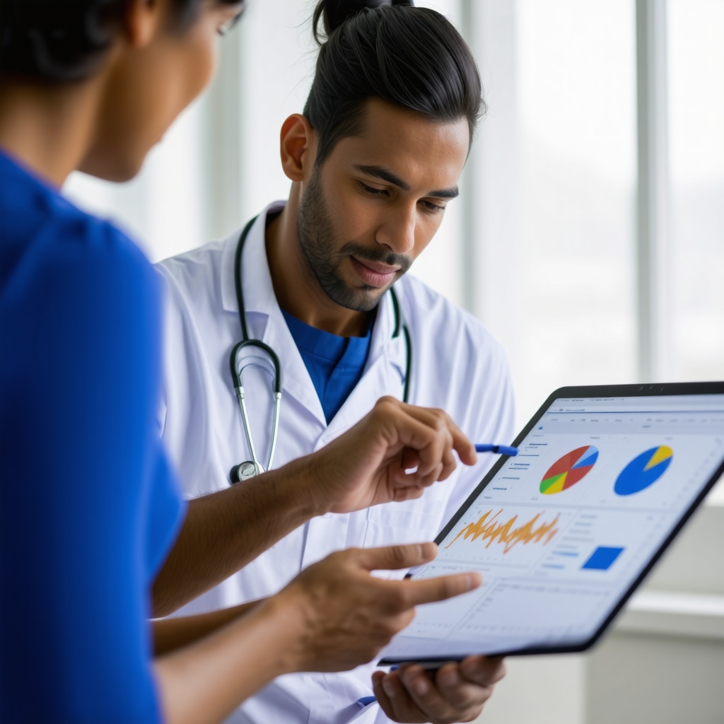 Doctor analyzing metabolic data on a digital device with a patient.