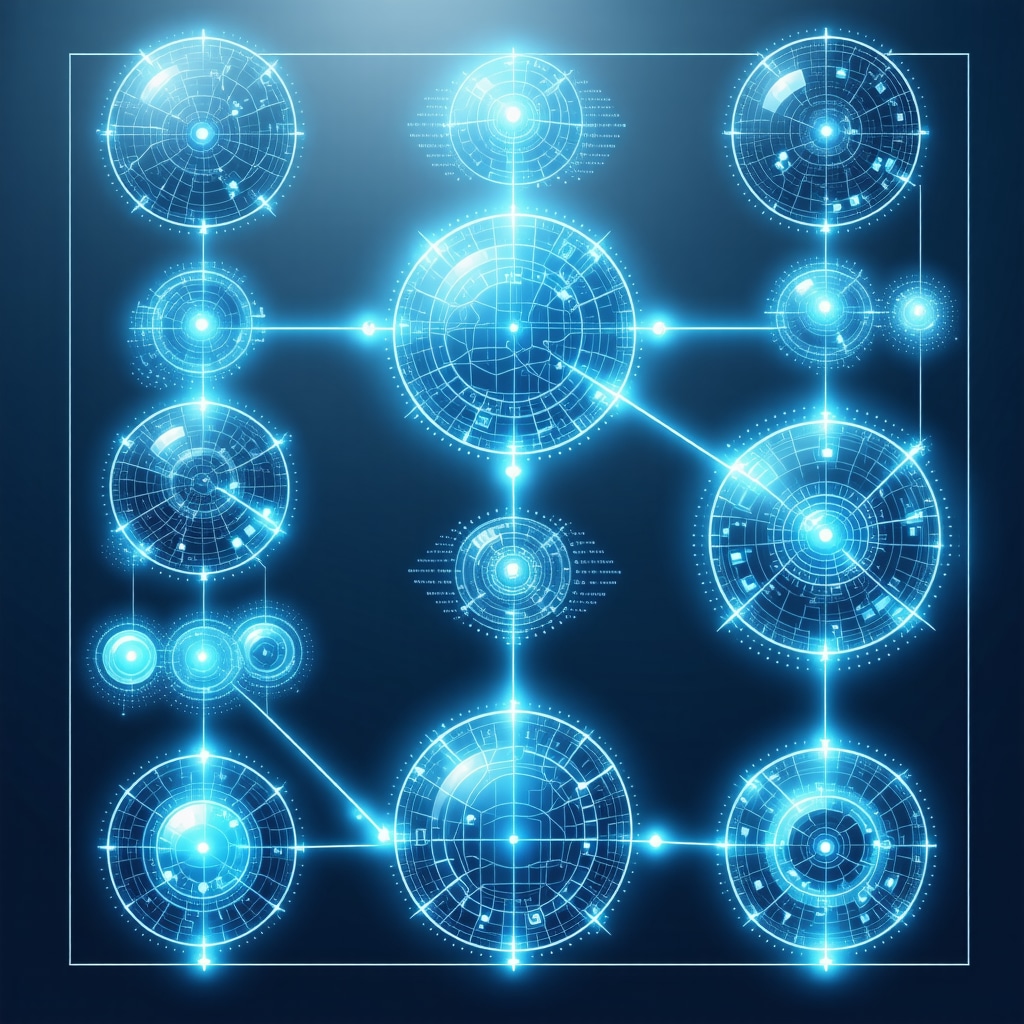 Illustration of blockchain technology verifying pharmaceutical supply chain with holographic seals