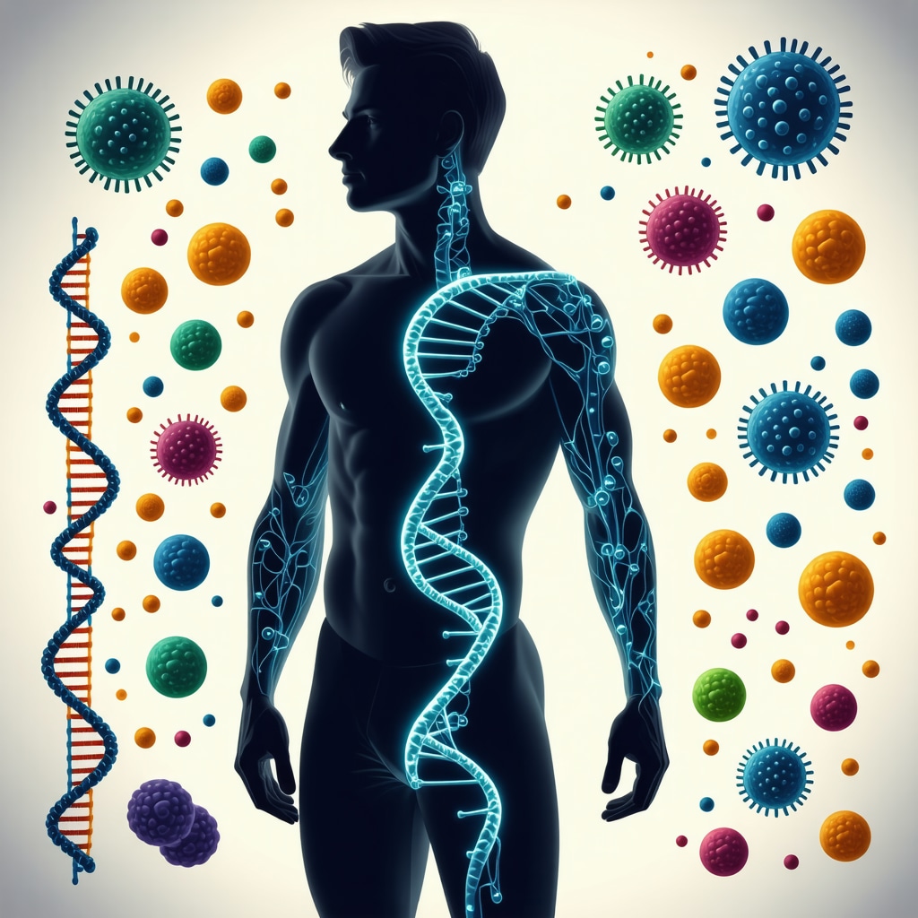 Human figure with DNA helix and gut microbiome symbols illustrating personalized Ozempic weight loss therapy