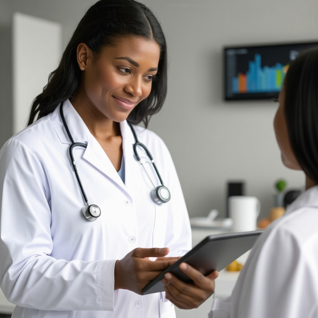 Healthcare professional using digital tablet to analyze biomarker data with telehealth patient consultation