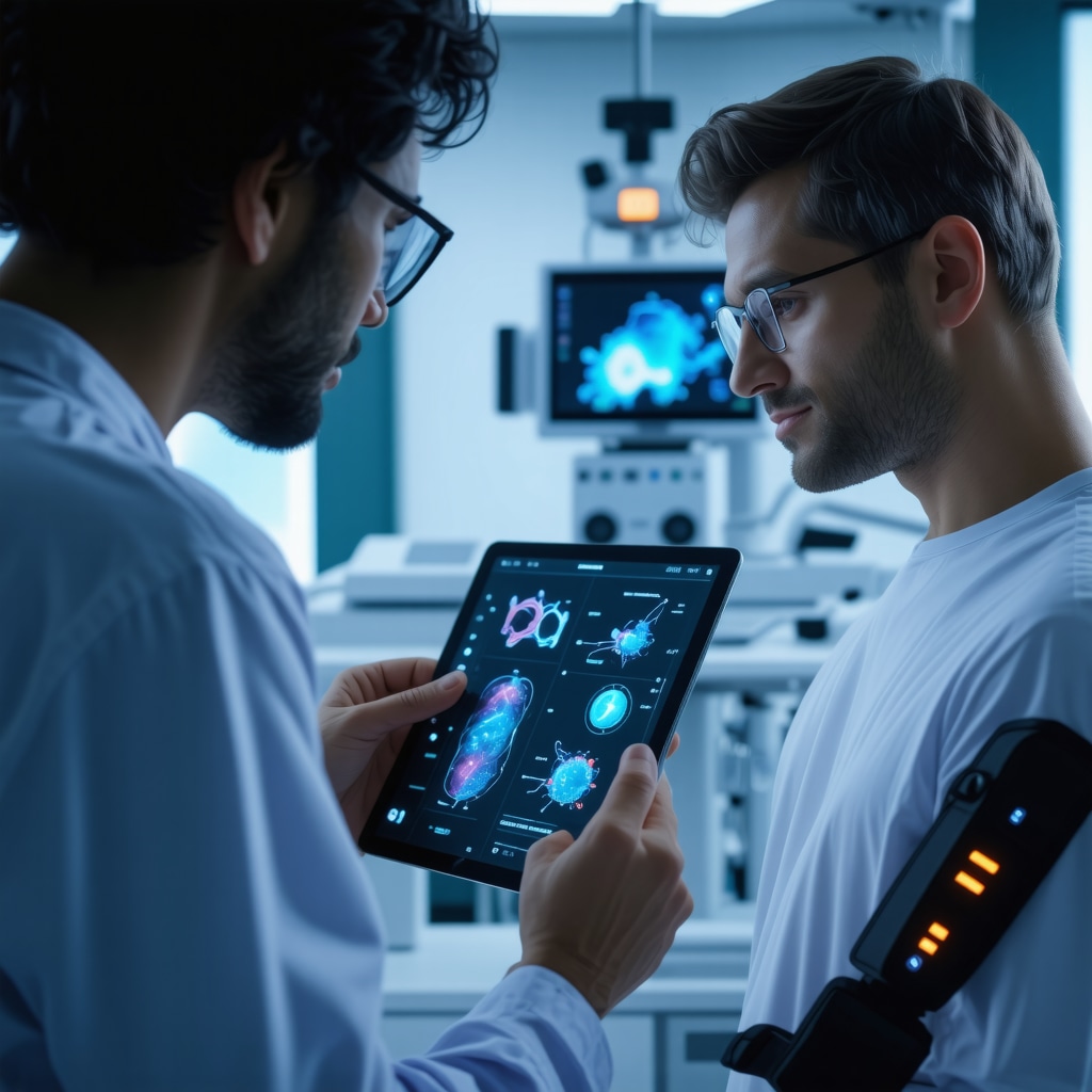 Healthcare professional reviewing biomarker data on tablet with patient wearing metabolic sensor for adaptive Ozempic dosing