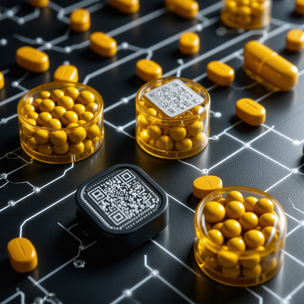 Visual representation of blockchain technology and holographic seals ensuring medication authenticity.