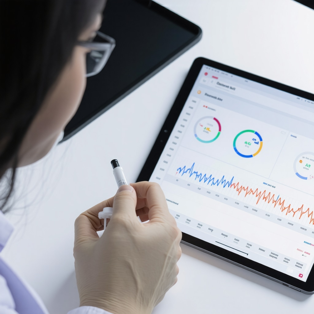 Smart Ozempic injection pen with digital dose tracking and continuous glucose monitoring data on screen