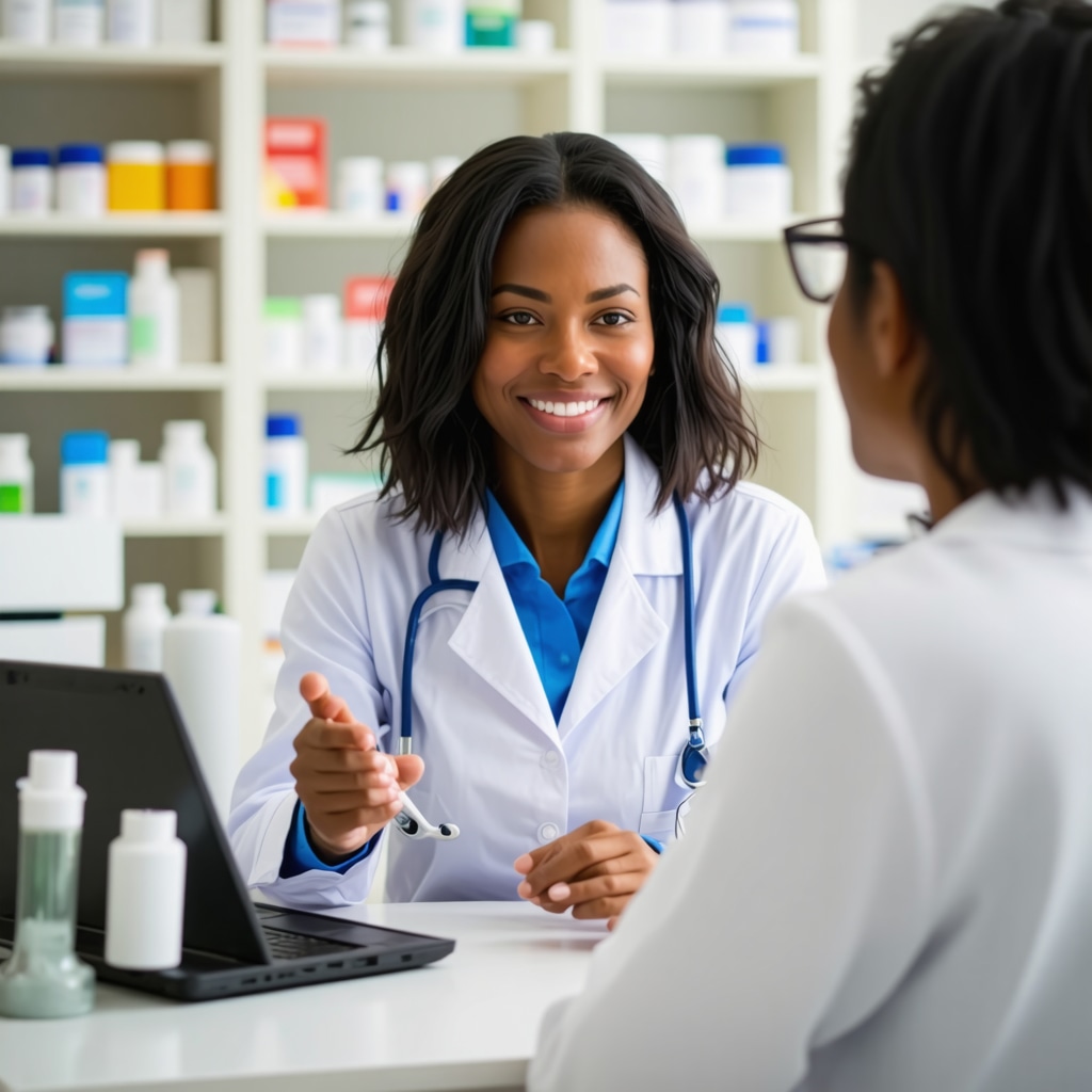 A licensed pharmacist consulting with a patient about Ozempic prescription via telehealth platform.