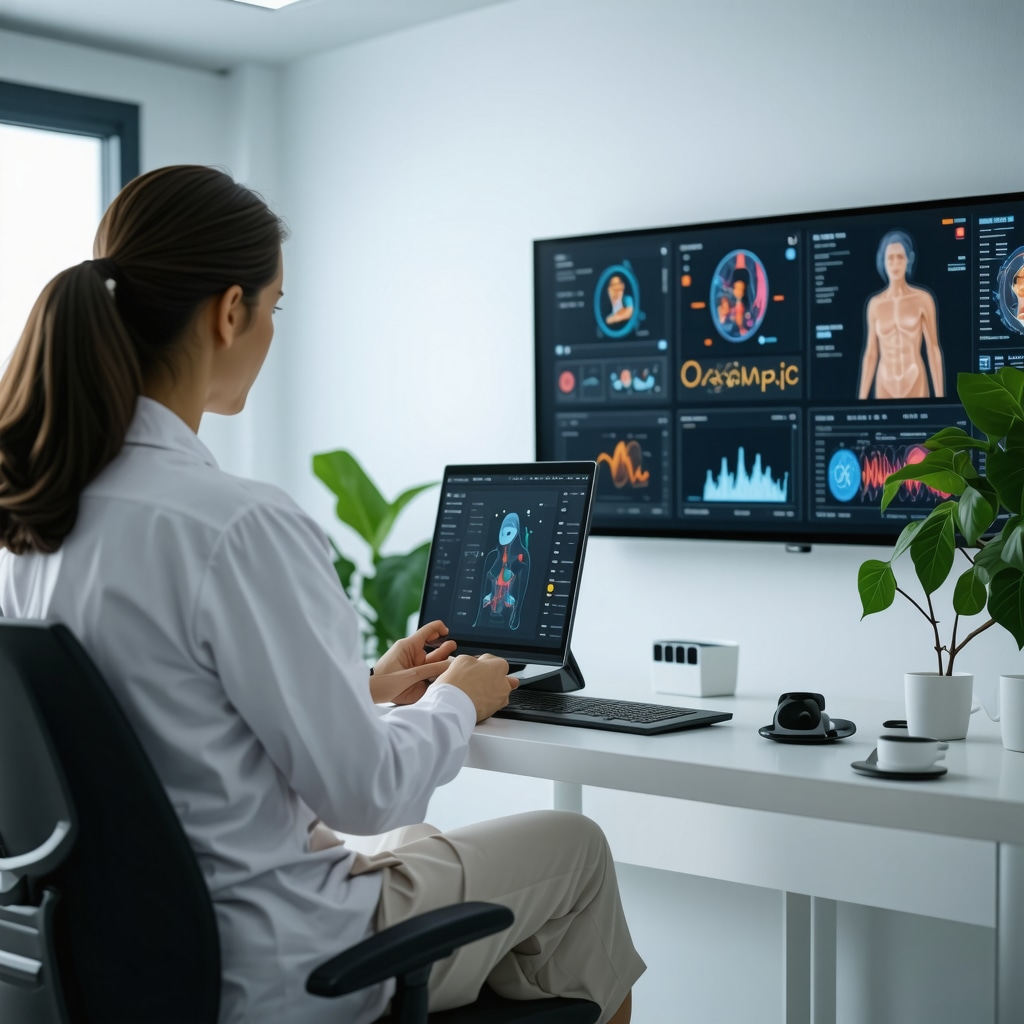 Patient consulting doctor via telehealth with genetic and metabolic data screens visible