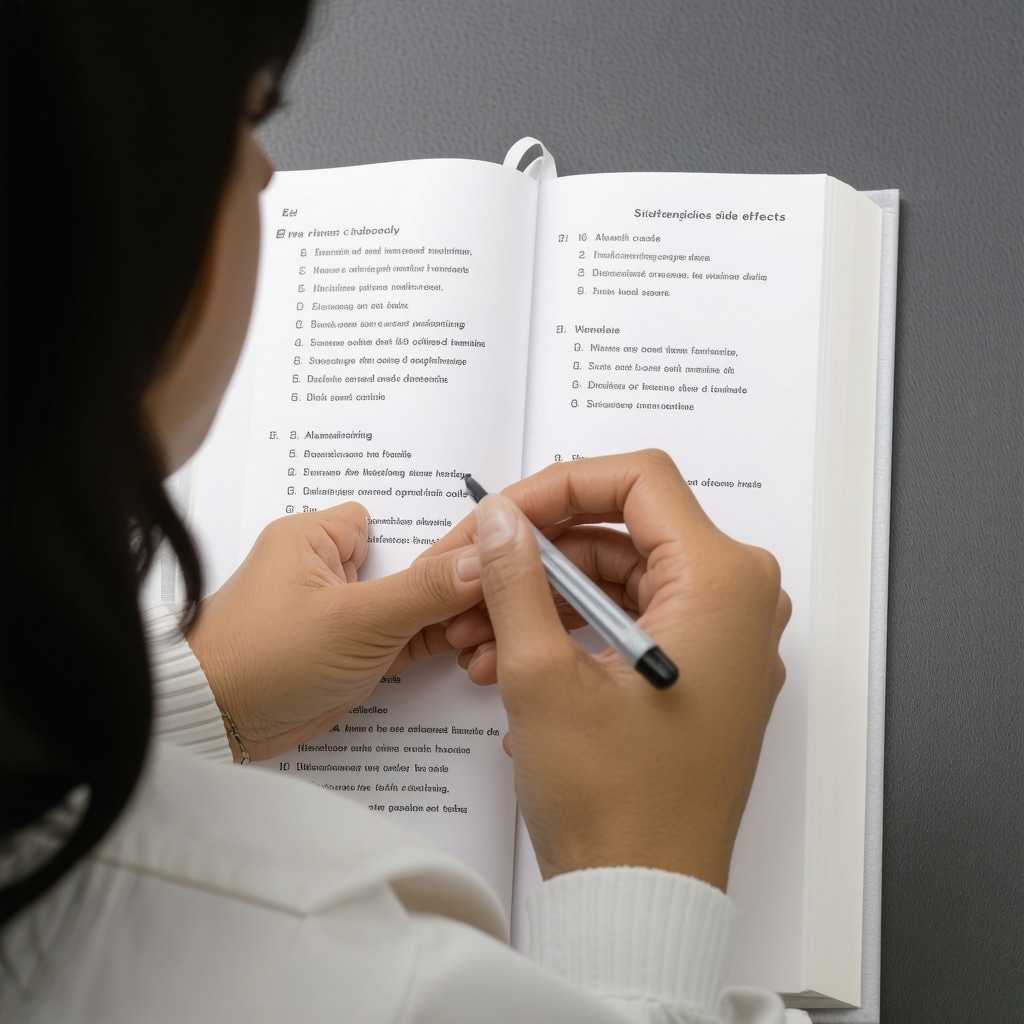 Person writing in a health journal tracking medication side effects