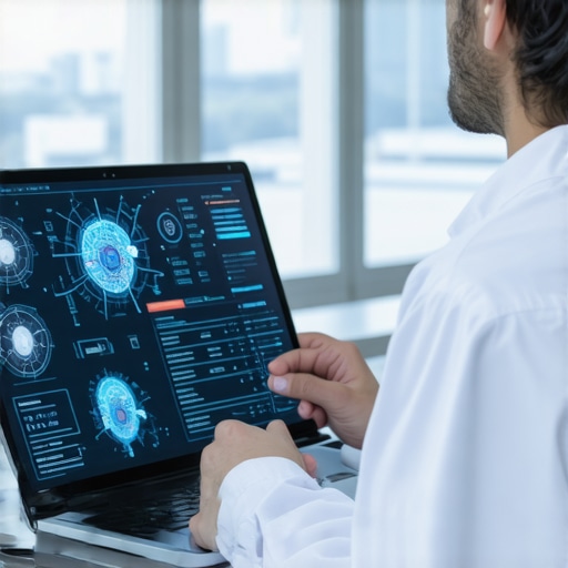 Futuristic telehealth consultation with AI analysis and doctor reviewing digital data.