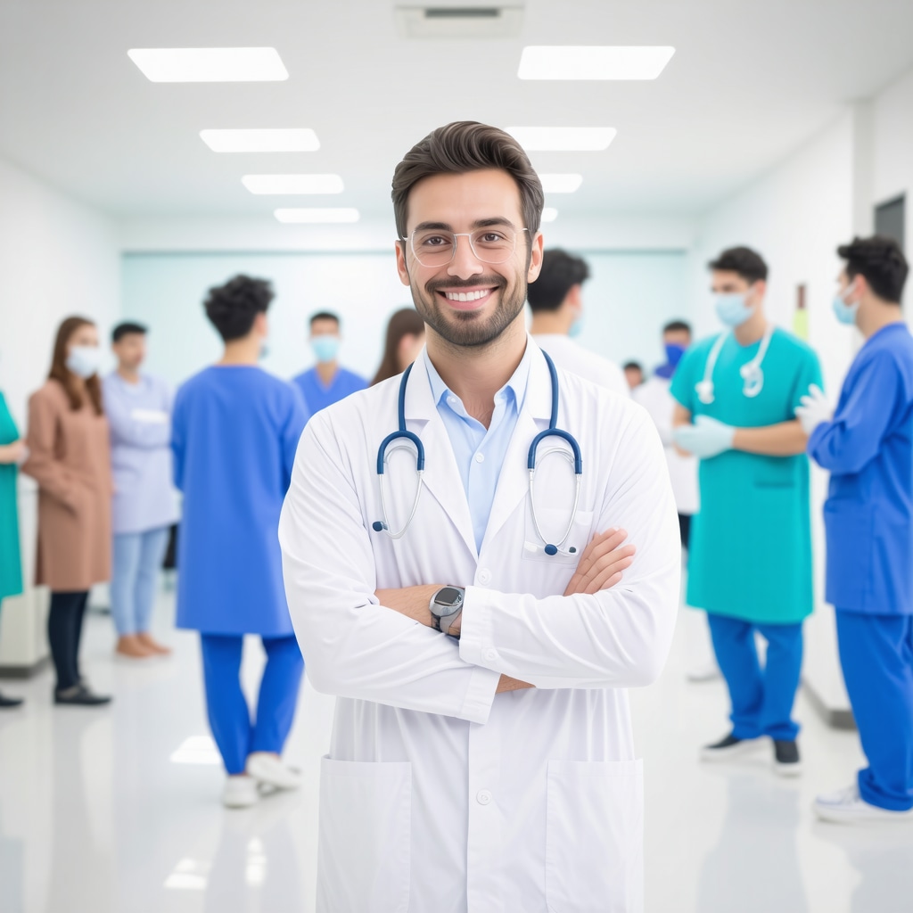 High-tech clinic environment with medical professionals using diagnostic equipment