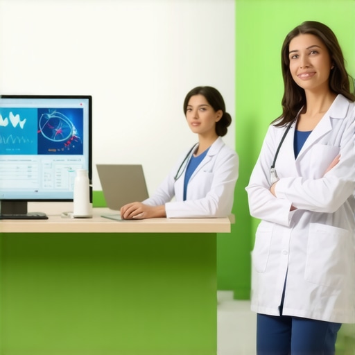 Interior of a high-tech medical clinic with specialists and digital health devices