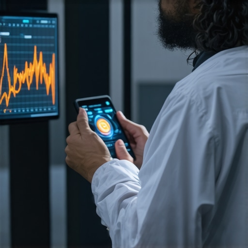 Futuristic telehealth consultation showing AI analysis on digital devices.