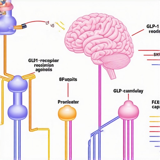 Diagram showing how GLP-1 receptor agonists influence brain, gut, and cardiovascular pathways for weight loss and metabolic health.