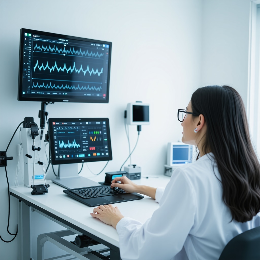 Modern clinic room with digital health devices and healthcare professionals