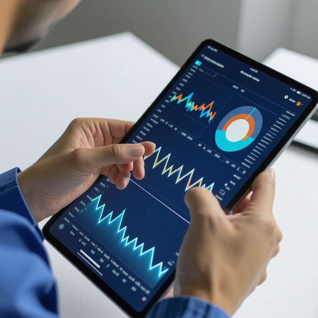 A healthcare professional reviewing digital health data on a tablet, with graphs and patient info displayed