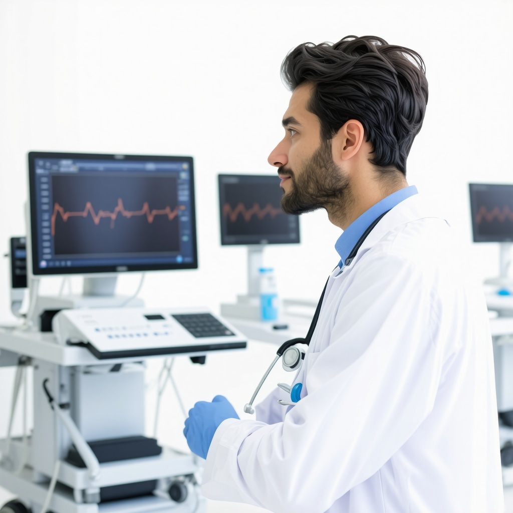 A modern clinic room with digital health devices and healthcare professionals consulting with a patient