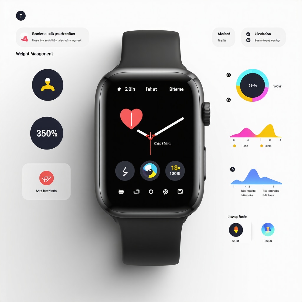 Futuristic digital health interface with wearable devices and AI analytics for personalized weight management