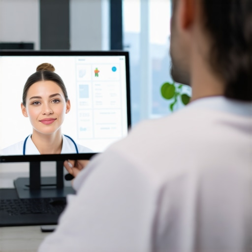 Doctor consulting with patient remotely using telehealth platform, digital health data on screen