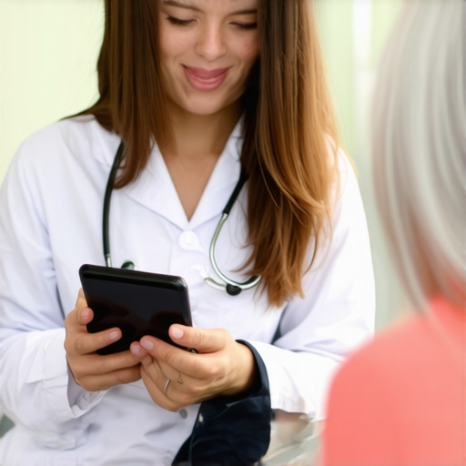 Healthcare professional consulting with a patient over medication choices using a tablet.