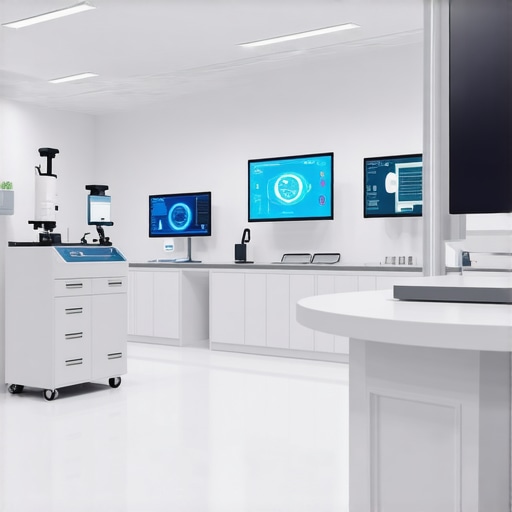 Futuristic medical clinic with digital health tools and advanced drug delivery systems.