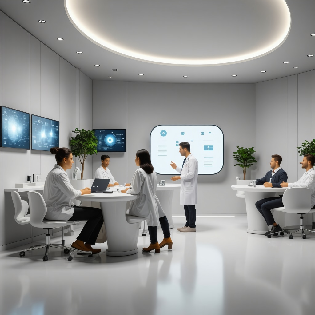 A high-tech clinic with digital health devices and doctors consulting patients
