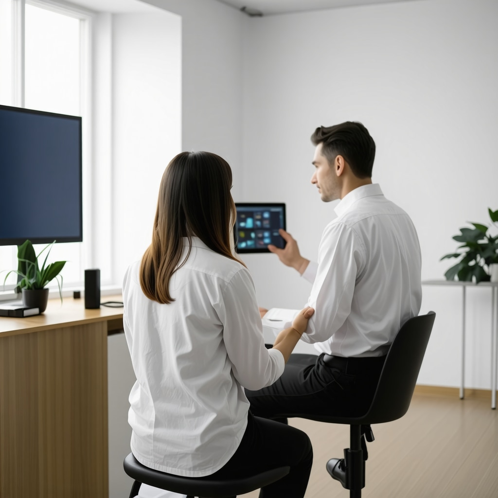 Futuristic healthcare clinic with digital monitoring and doctor-patient interaction