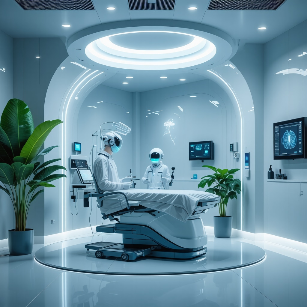 Futuristic clinic with AI health devices and engaged patients in 2025