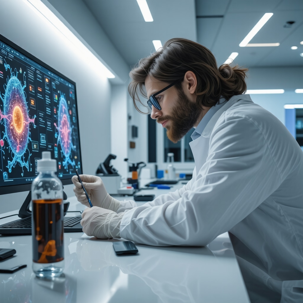 Futuristic medical consultation room with genetic and microbiome analysis tools for personalized weight management