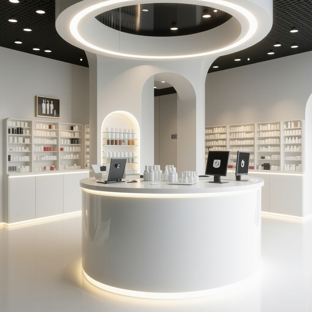 Futuristic pharmacy with digital health tools and personalized medication options