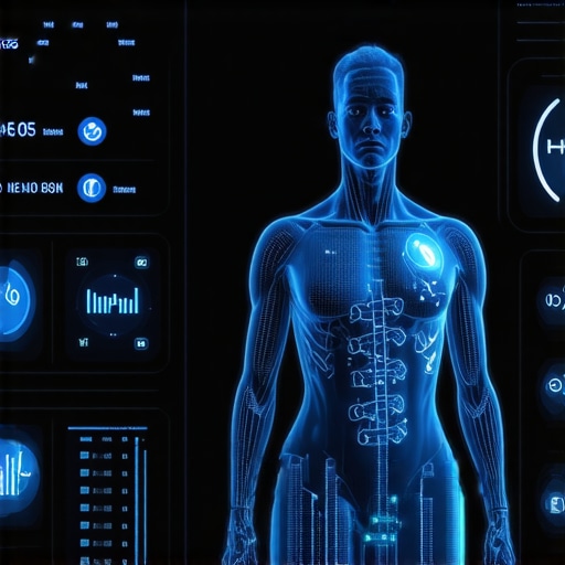 Futuristic digital health interface illustrating AI-assisted telemedicine for weight management.