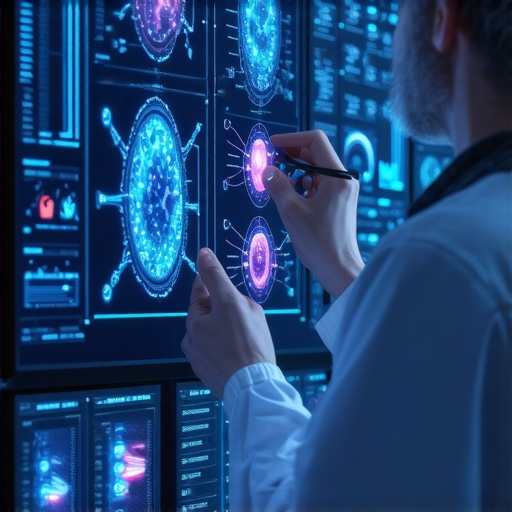 Doctor consulting with AI diagnostics and genetic data analysis in a high-tech clinic