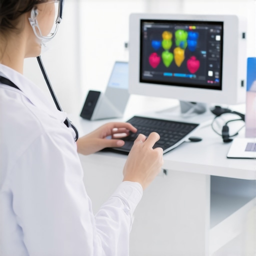 Advanced digital health tools in a futuristic clinic setting