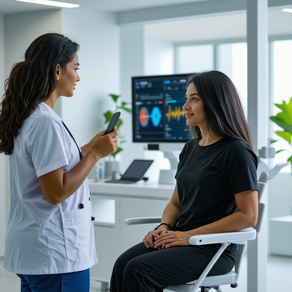 Futuristic healthcare consultation on weight loss with digital tools and professional