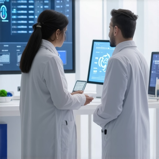 Advanced healthcare clinic with digital tools and medical professionals discussing patient care