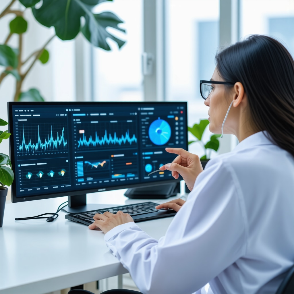 Doctor consulting with patient via advanced telehealth platform showing health data analytics