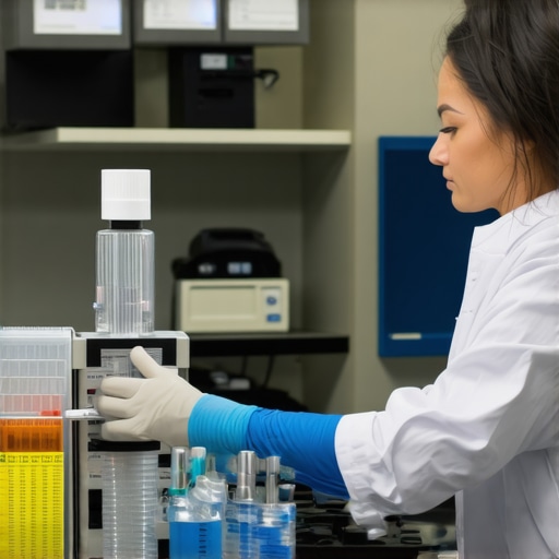 Laboratory scene with DNA sequencing equipment and medical professional analyzing genetic data for weight management.