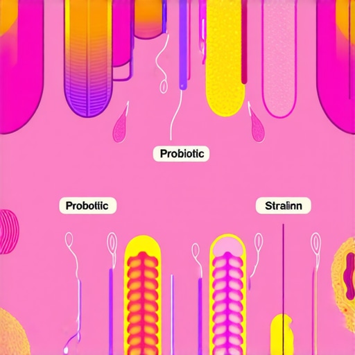 Diagram showing gut microbiome with probiotic strains supporting gastrointestinal health