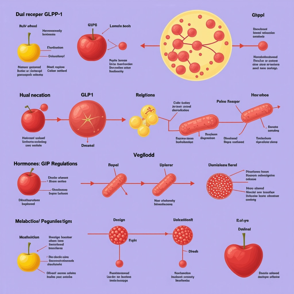 Diagram showing how GLP-1 and GIP hormones interact to control appetite, energy expenditure, and fat metabolism.