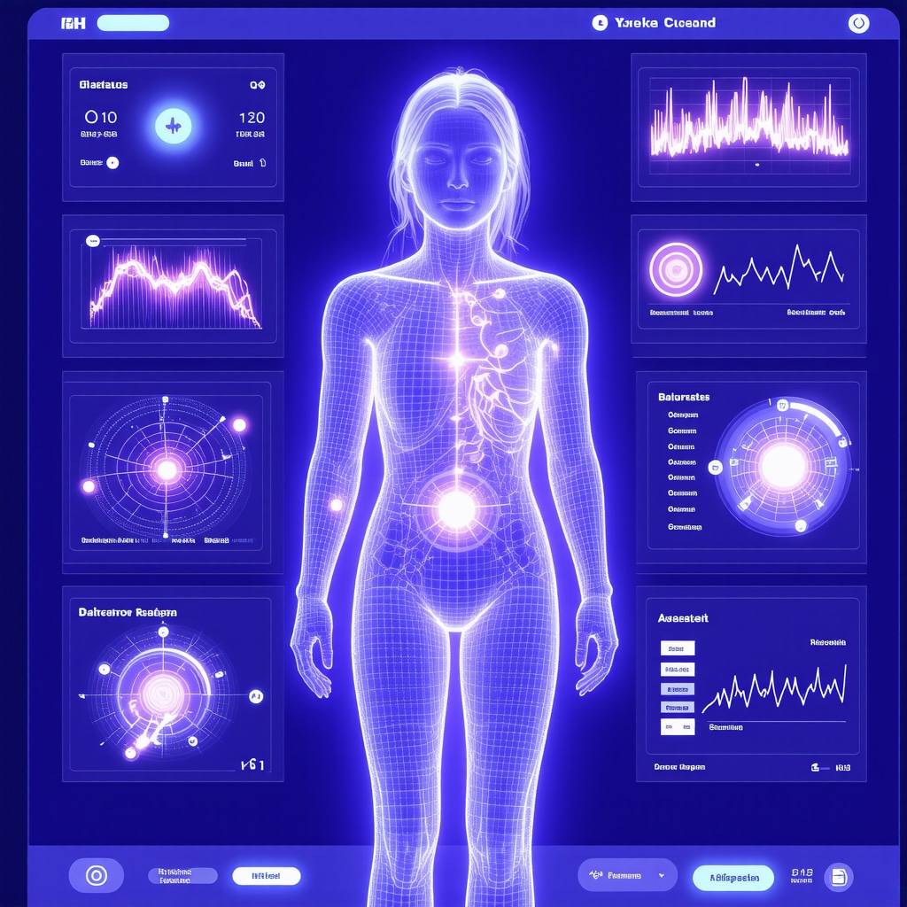A futuristic telemedicine platform displaying personalized health metrics for medication management